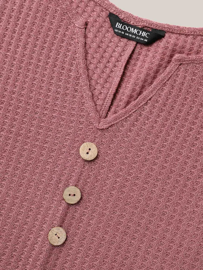 Waffle Knit Stretchy Button Split Neck T-Shirt
