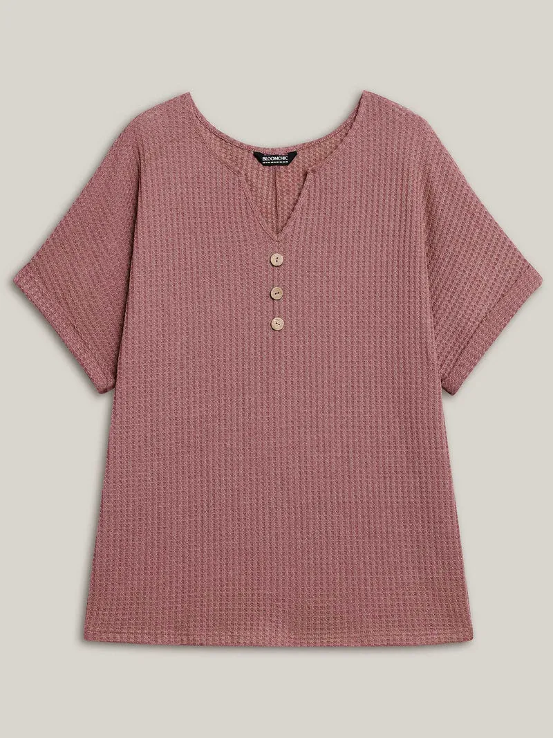 Waffle Knit Stretchy Button Split Neck T-Shirt