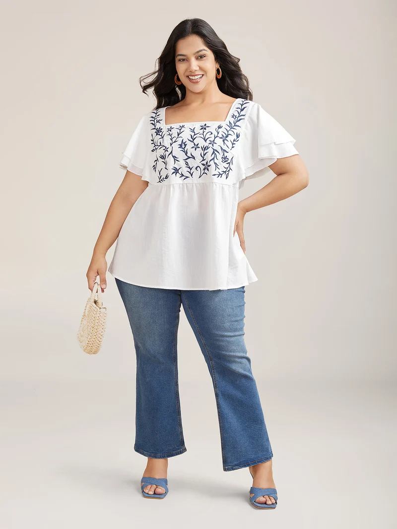 Embroidered Layered Flutter Sleeve Blouse