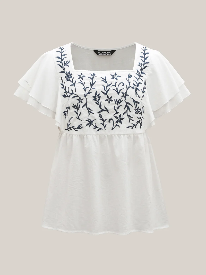 Embroidered Layered Flutter Sleeve Blouse