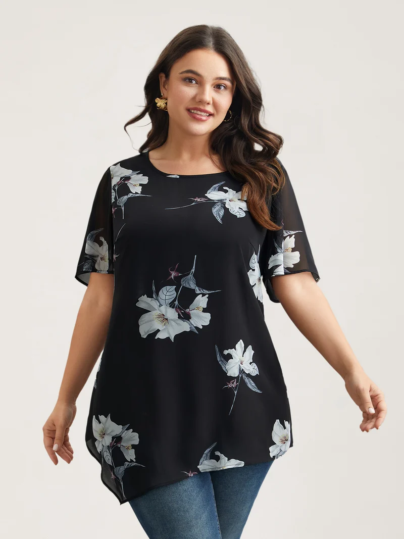 Chiffon Floral Round Neck Shirt