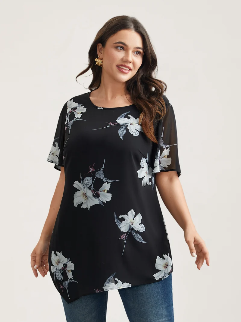 Chiffon Floral Round Neck Shirt