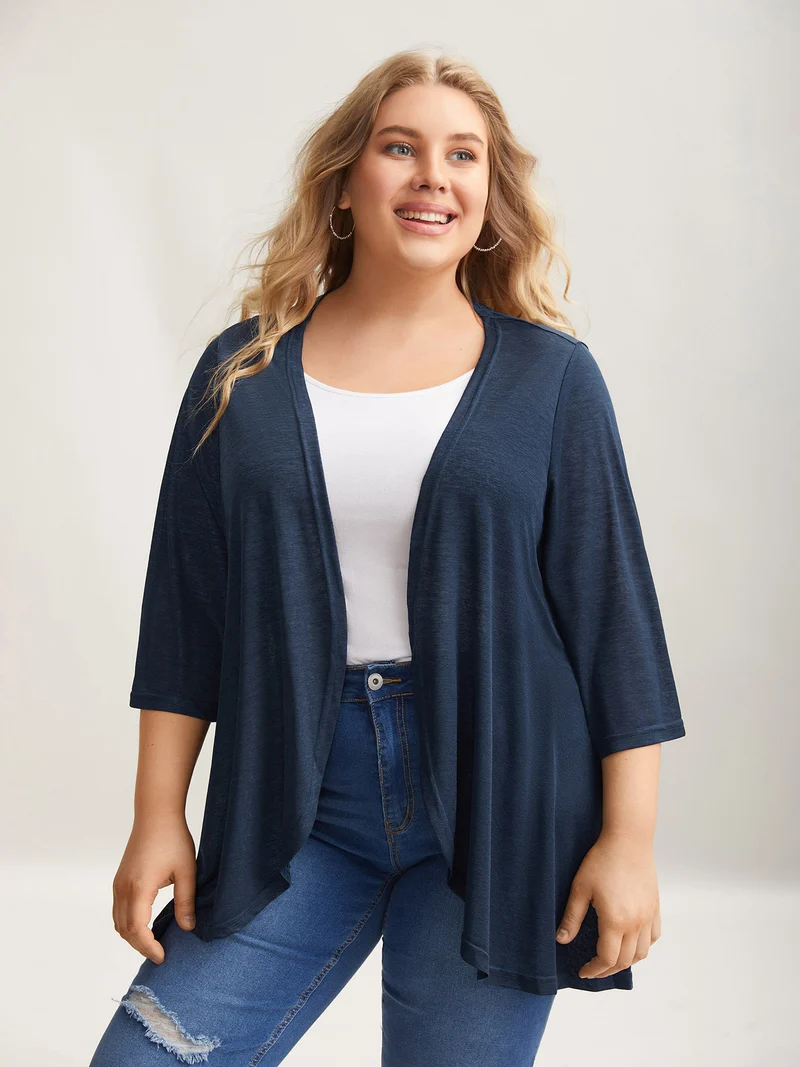 Textured Arc Hem Open-Front Kimono Cardigan