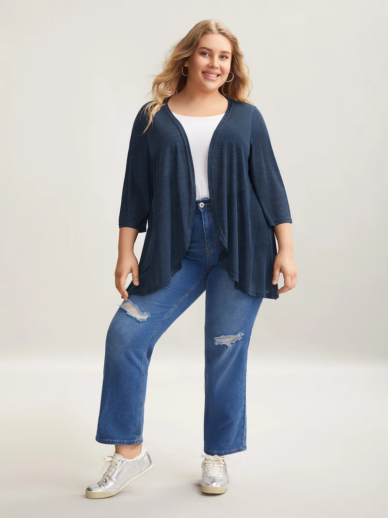 Textured Arc Hem Open-Front Kimono Cardigan