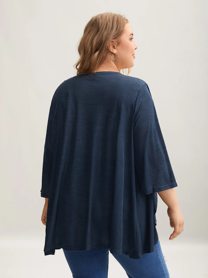 Textured Arc Hem Open-Front Kimono Cardigan