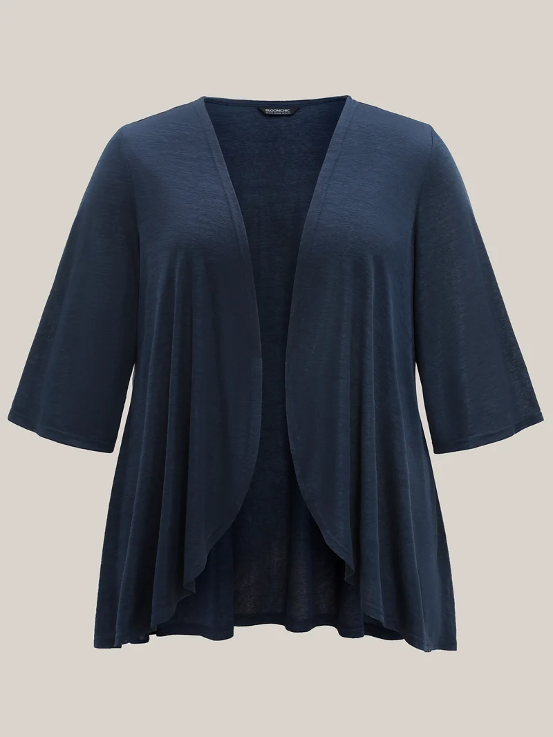 Textured Arc Hem Open-Front Kimono Cardigan