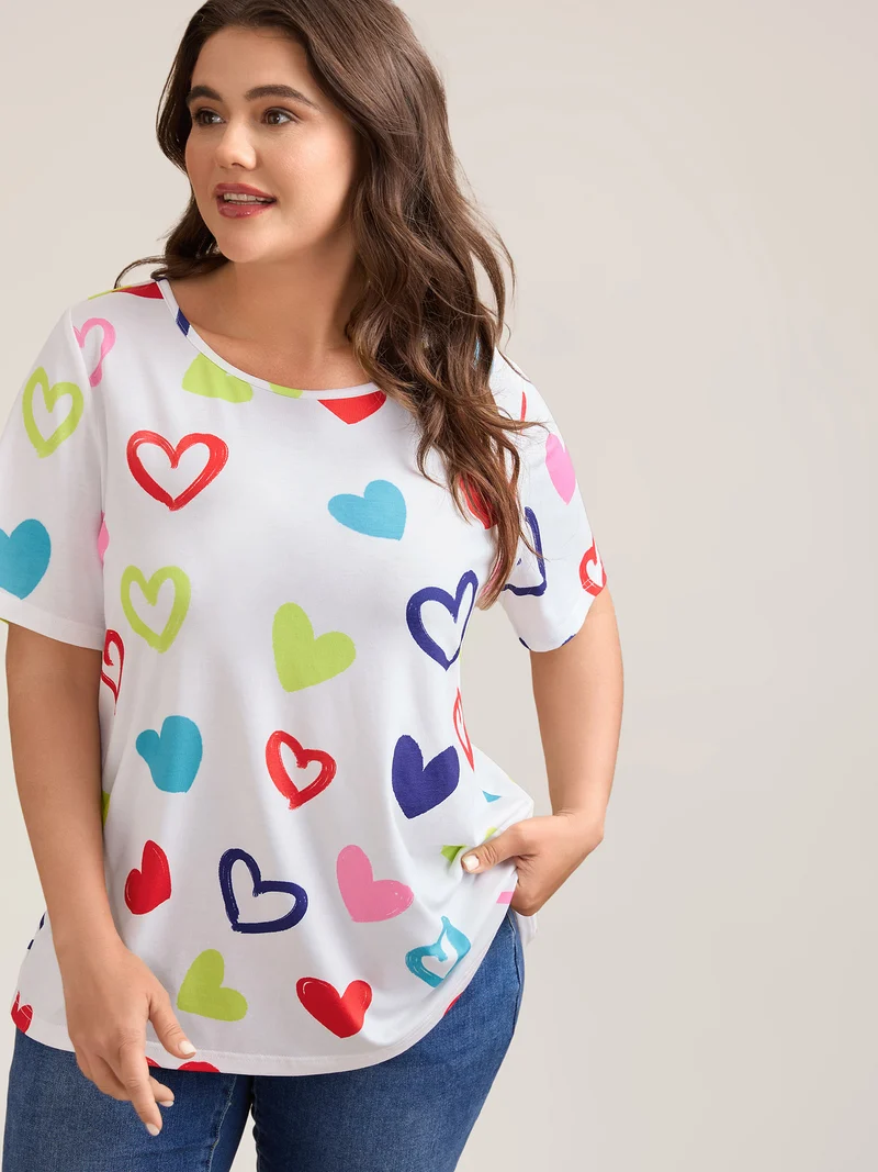 Multi-Color Heart Pattern Round Neck T-Blouse