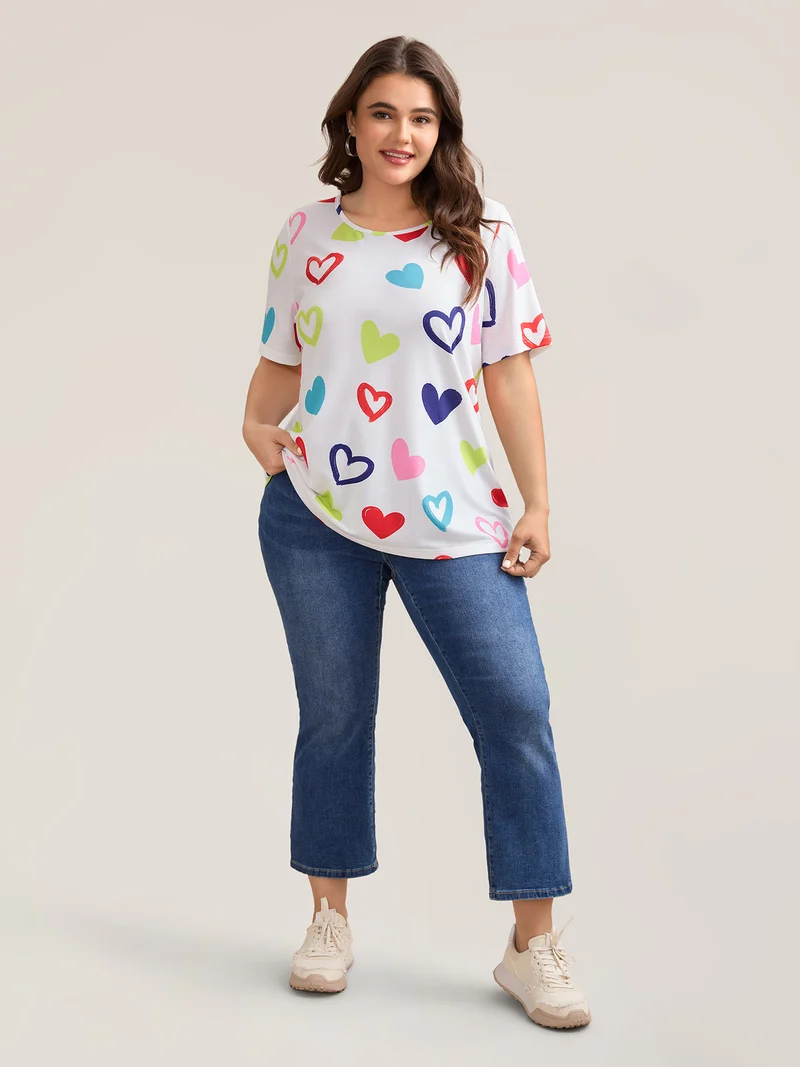 Multi-Color Heart Pattern Round Neck T-Blouse