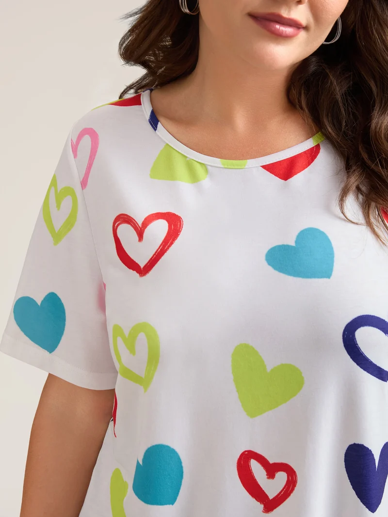 Multi-Color Heart Pattern Round Neck T-Blouse