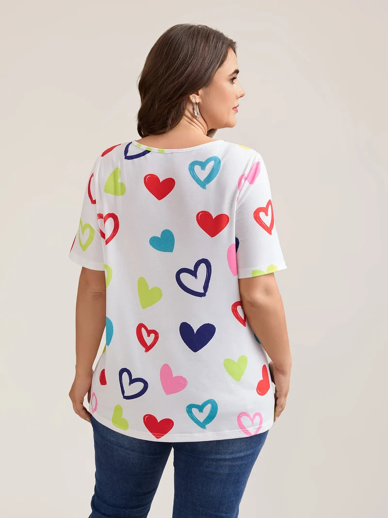 Multi-Color Heart Pattern Round Neck T-Blouse