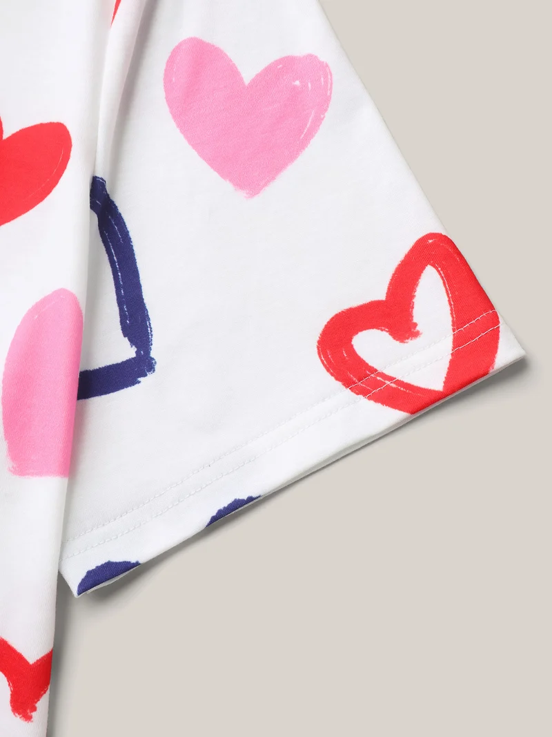Multi-Color Heart Pattern Round Neck T-Blouse