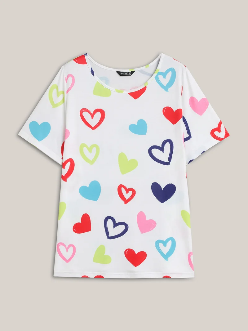Multi-Color Heart Pattern Round Neck T-Blouse
