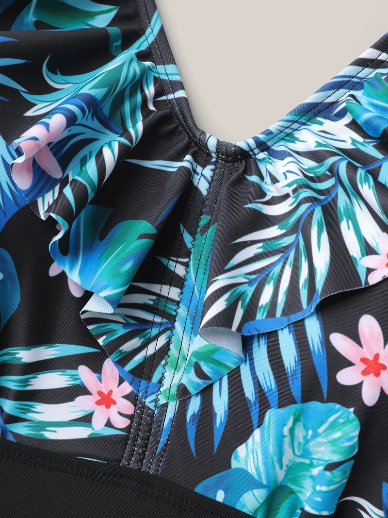 Floral Print Spliced Ruffled Straps Swim Dress