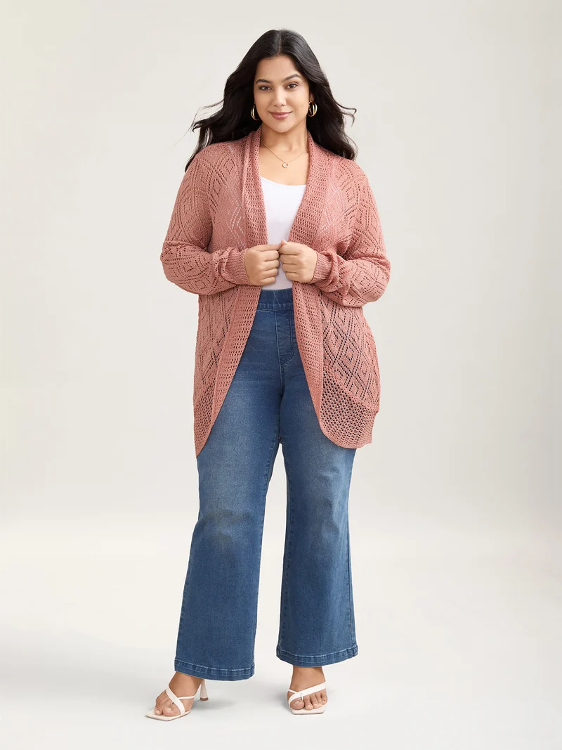 Textured Cut-Out Arc Hem Knit Cardigan