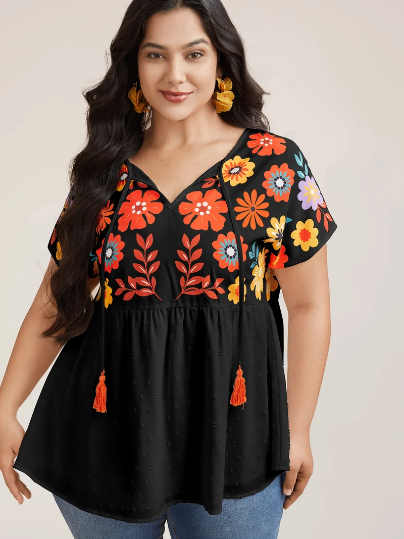 Floral Print Neck-Tie Babydoll Top