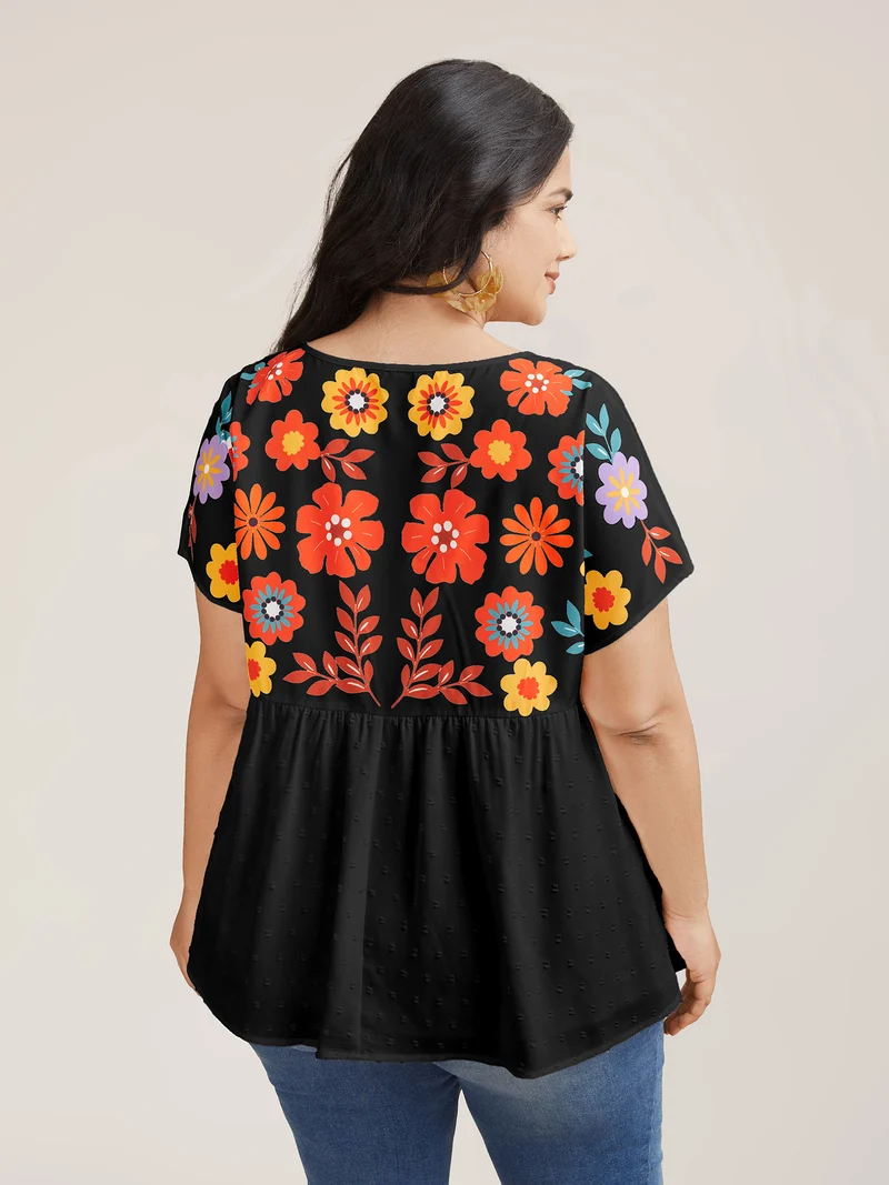 Floral Print Neck-Tie Babydoll Top