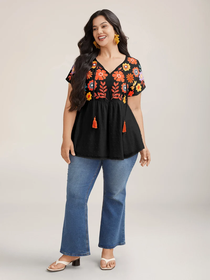 Floral Print Neck-Tie Babydoll Top