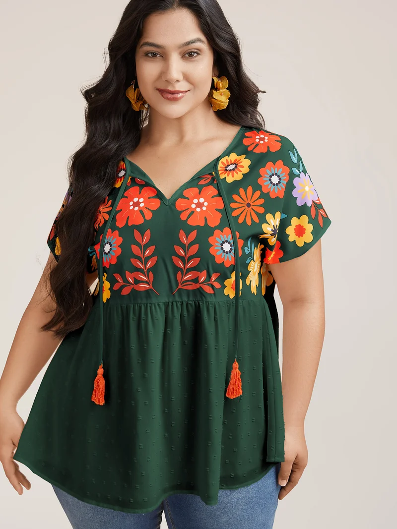 Floral Print Neck-Tie Babydoll Top