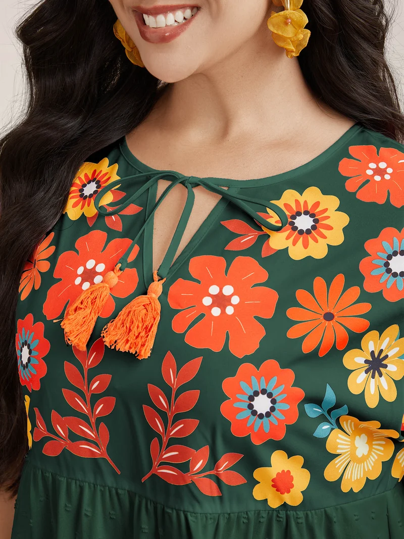 Floral Print Neck-Tie Babydoll Top