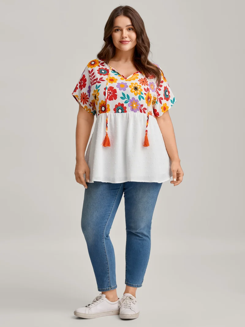 Floral Print Neck-Tie Babydoll Top