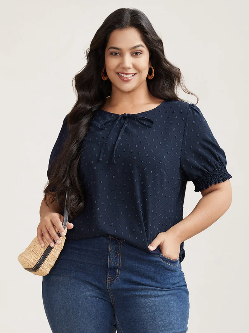 Shirred Puff Sleeve Neck-Tie Shirt
