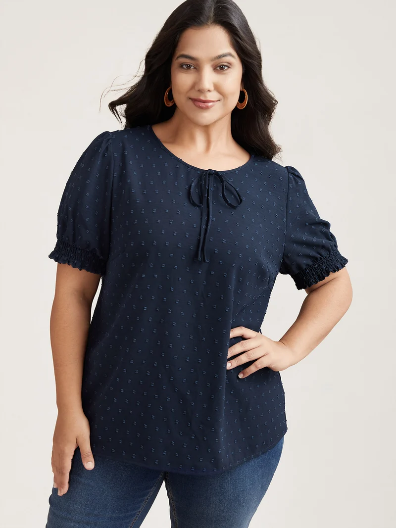 Shirred Puff Sleeve Neck-Tie Shirt