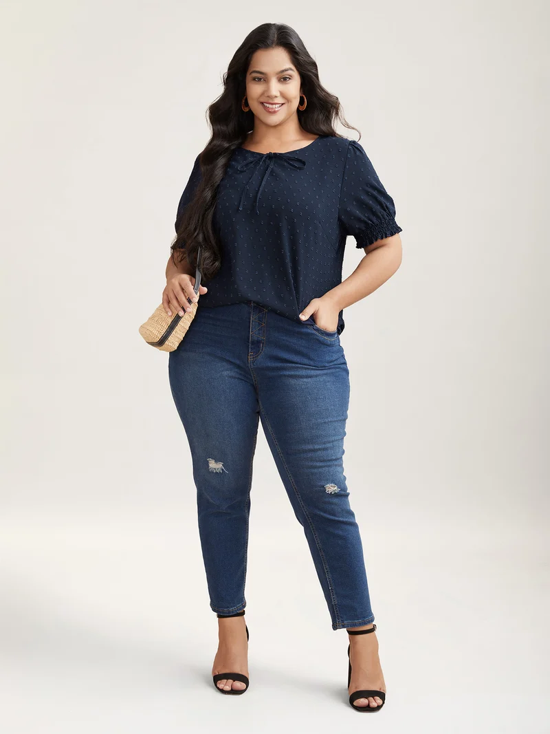 Shirred Puff Sleeve Neck-Tie Shirt