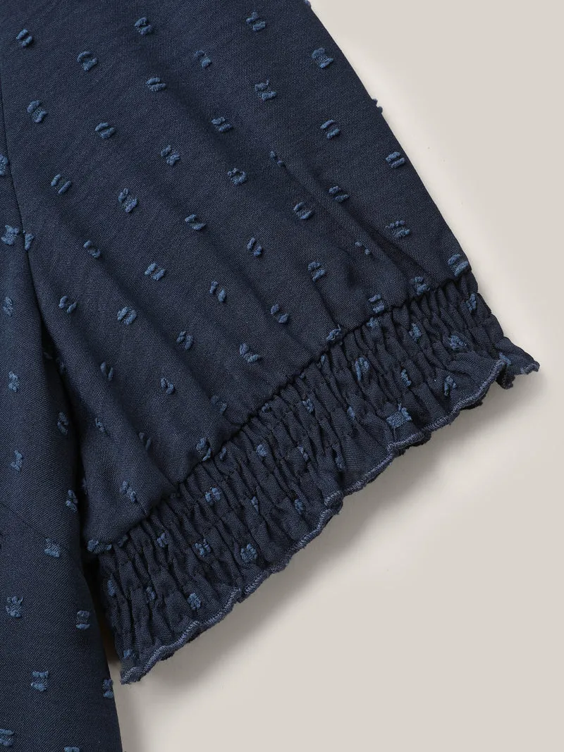 Shirred Puff Sleeve Neck-Tie Shirt