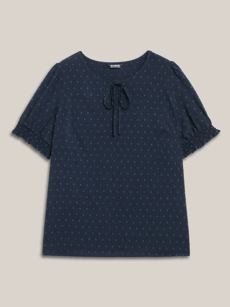Shirred Puff Sleeve Neck-Tie Shirt