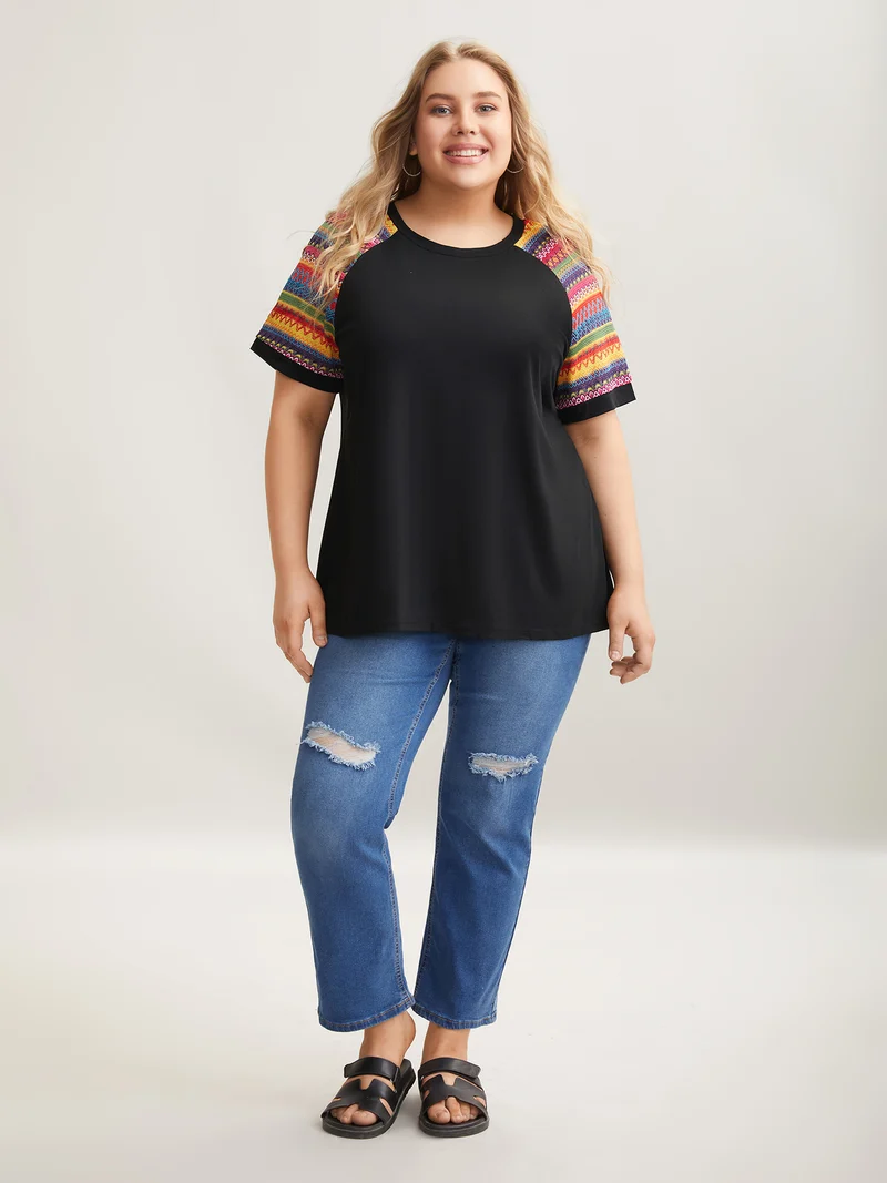 Multi-Color Striped Sleeve Spliced T-Shirt