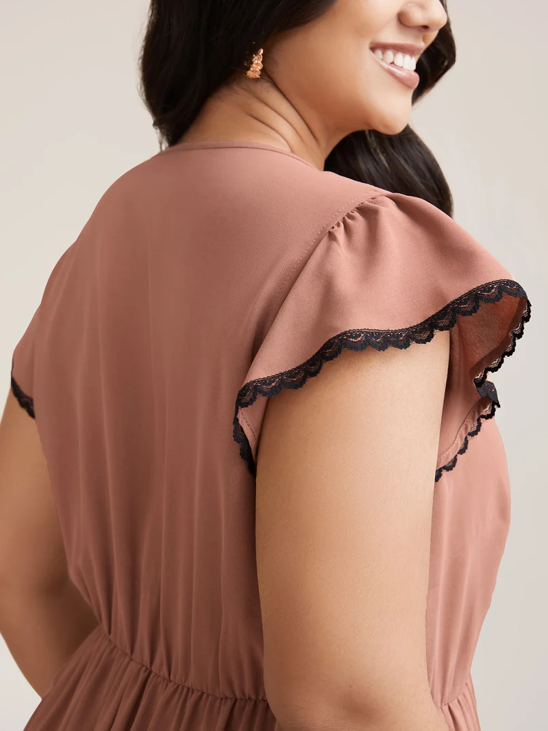 Contrast Lace Flutter Sleeve Breezy Midi Dress