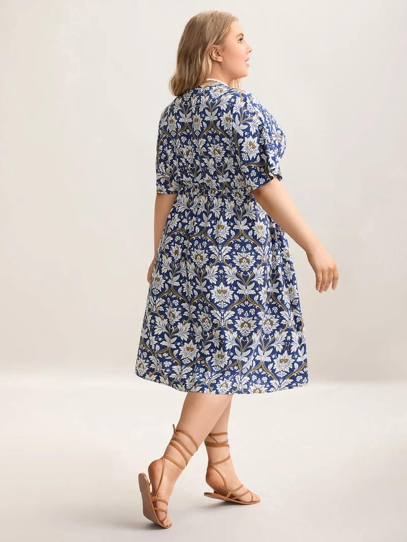 Boho Print Shirred Surplice Neck Midi Dress