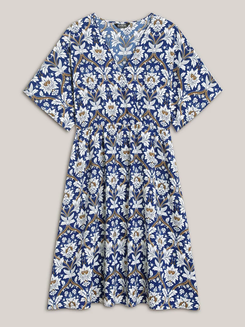 Boho Print Shirred Surplice Neck Midi Dress