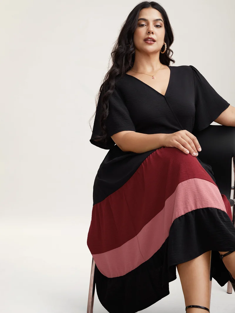 Color Contrast Flutter Sleeve Tiered Midi Dress
