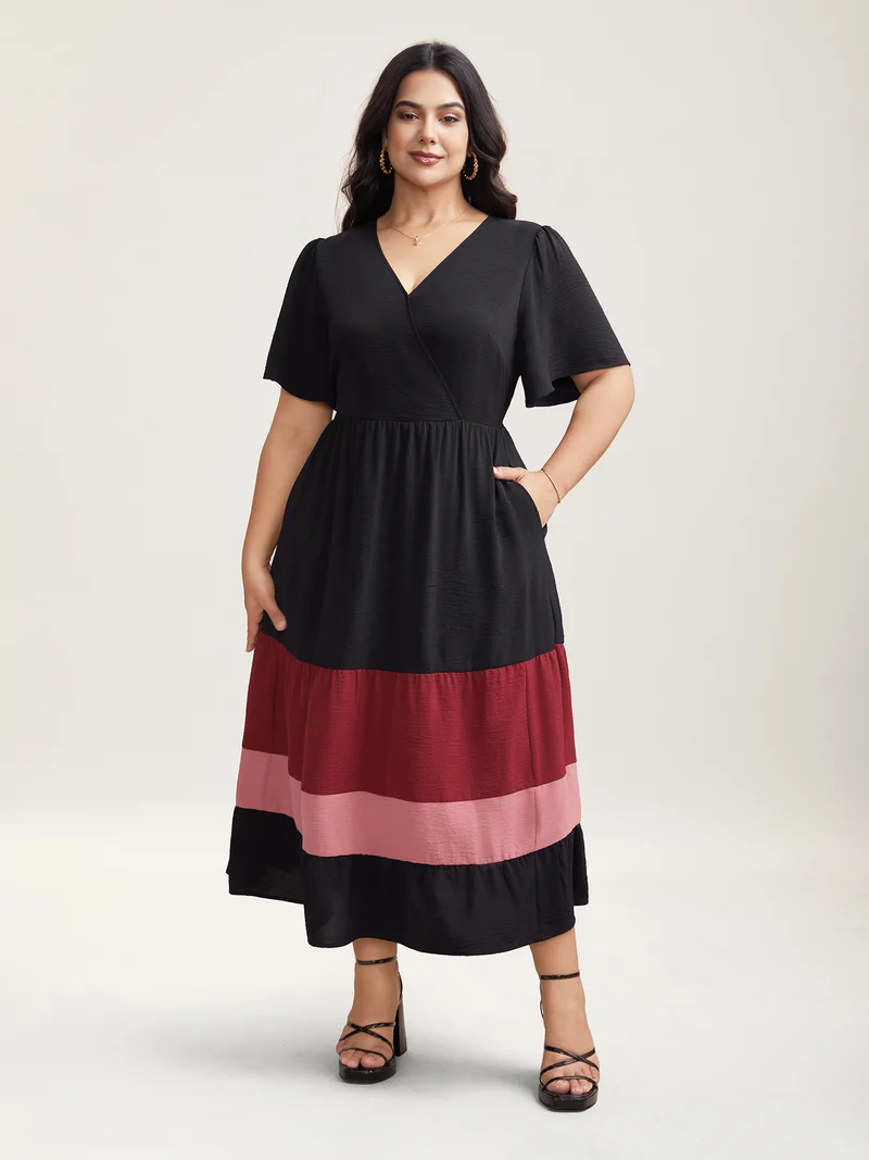 Color Contrast Flutter Sleeve Tiered Midi Dress