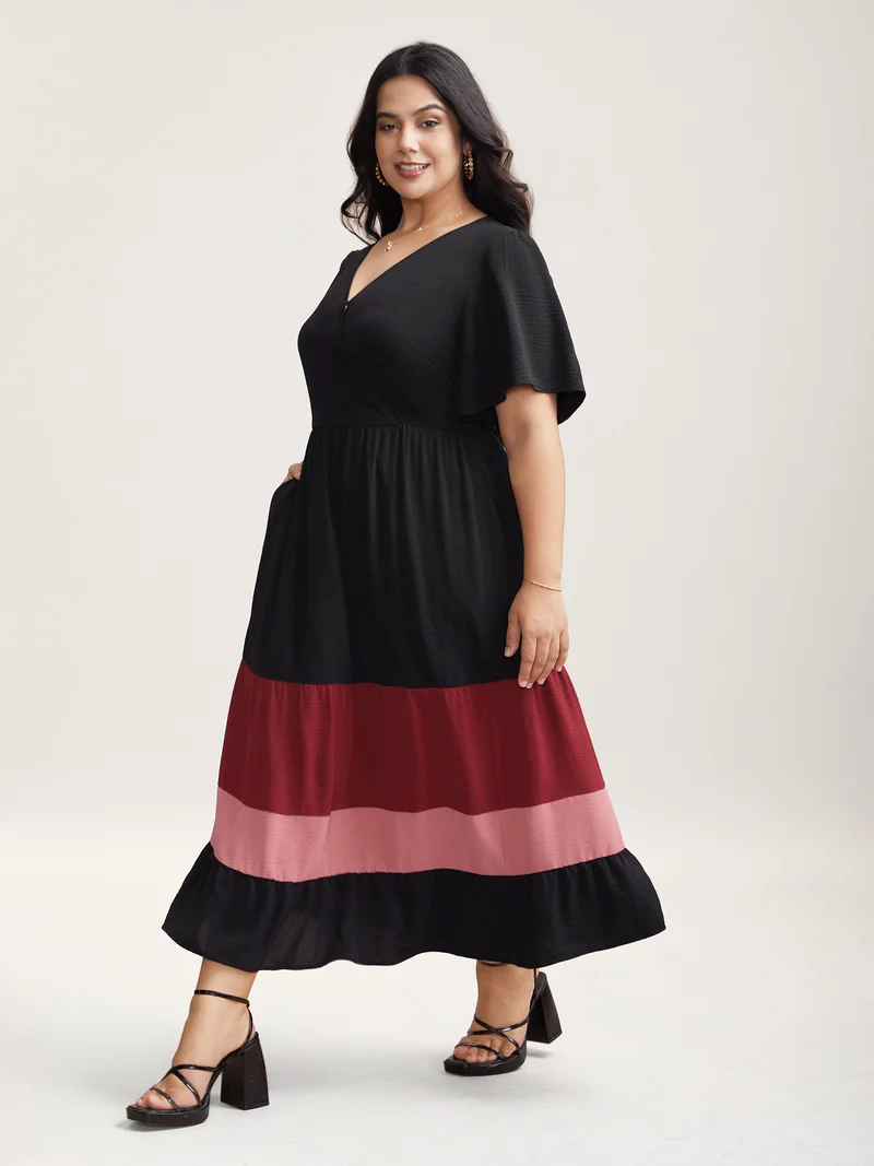 Color Contrast Flutter Sleeve Tiered Midi Dress