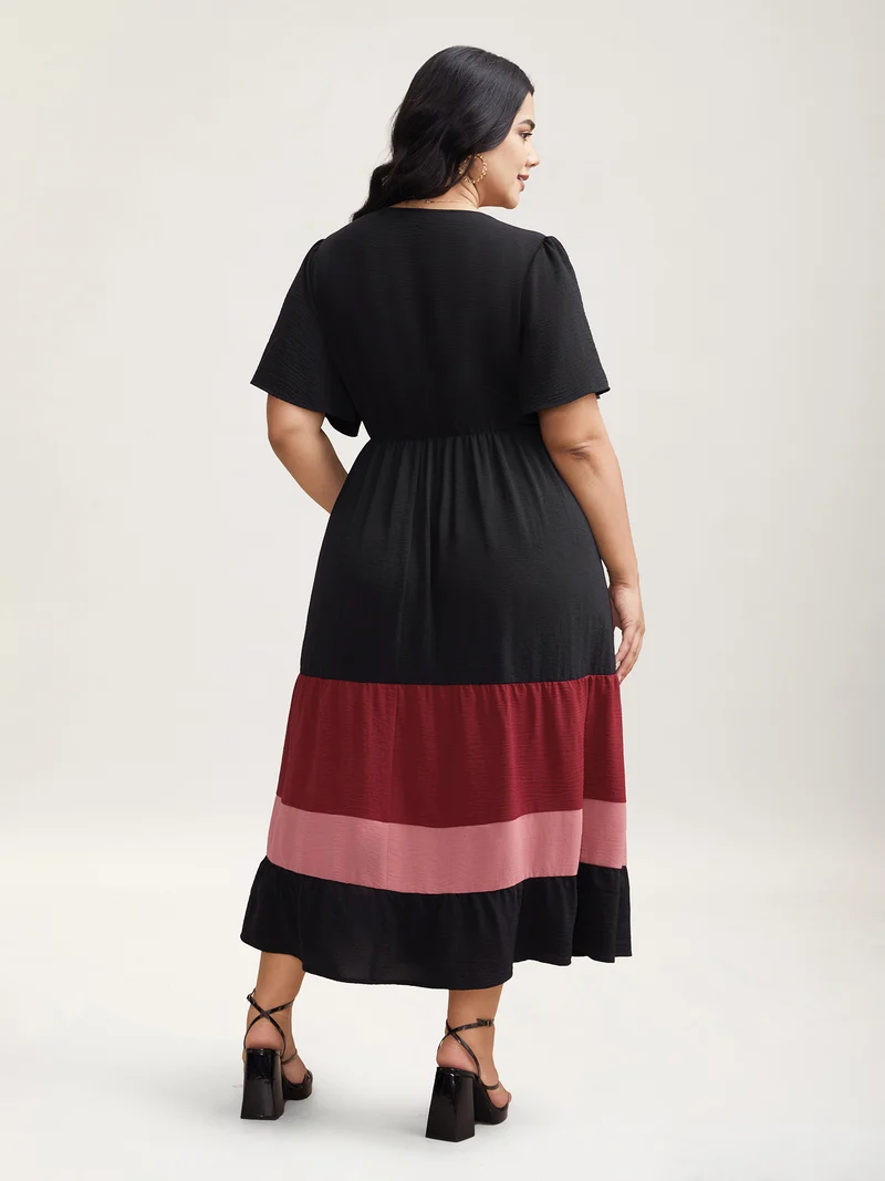 Color Contrast Flutter Sleeve Tiered Midi Dress