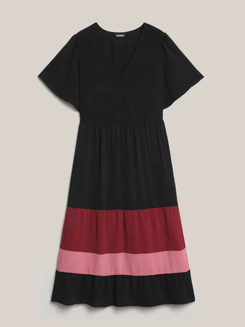 Color Contrast Flutter Sleeve Tiered Midi Dress