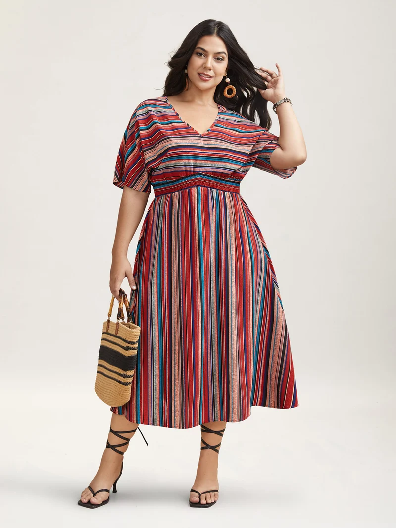 Striped Shirred V-Neck Half Sleeve Midi Dress