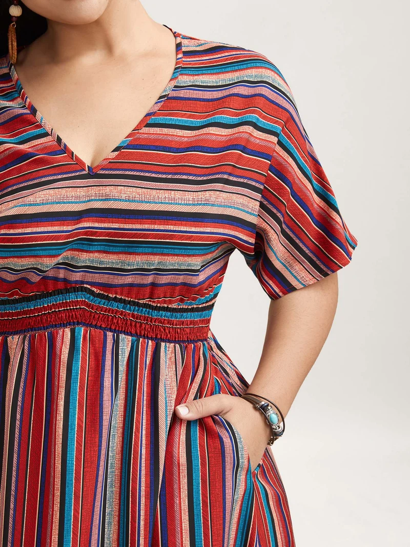 Striped Shirred V-Neck Half Sleeve Midi Dress