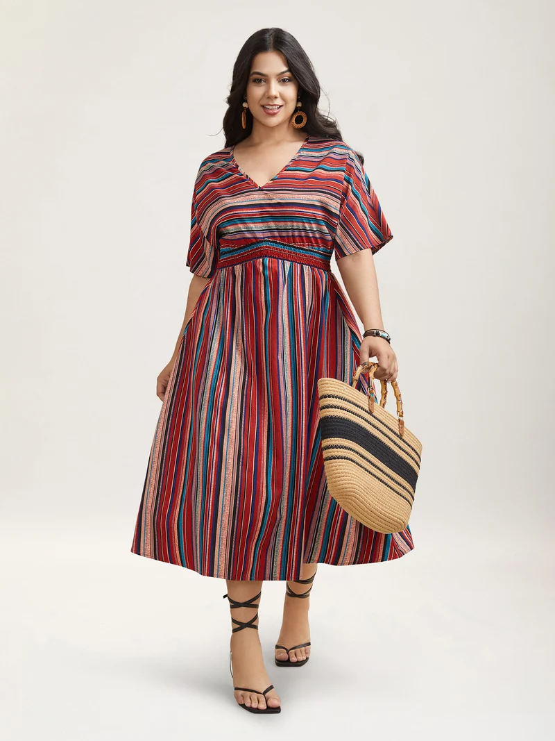 Striped Shirred V-Neck Half Sleeve Midi Dress
