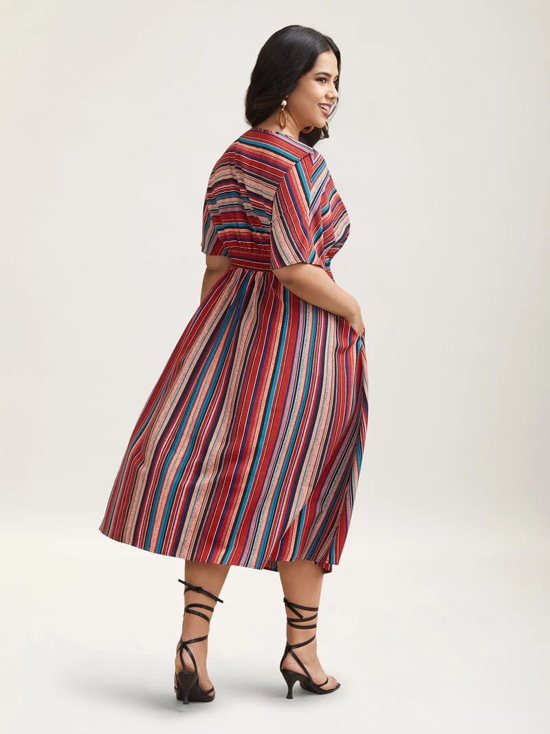 Striped Shirred V-Neck Half Sleeve Midi Dress