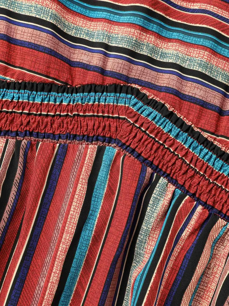 Striped Shirred V-Neck Half Sleeve Midi Dress
