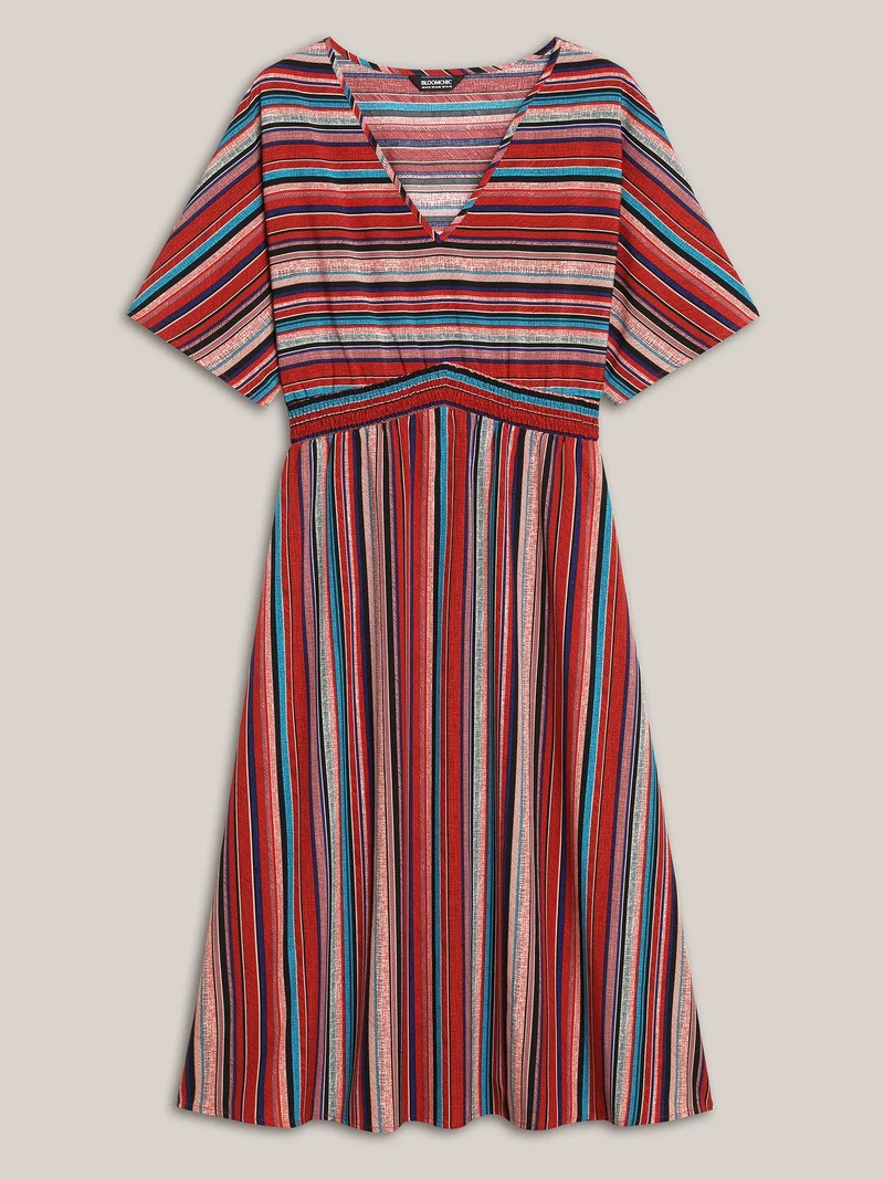 Striped Shirred V-Neck Half Sleeve Midi Dress