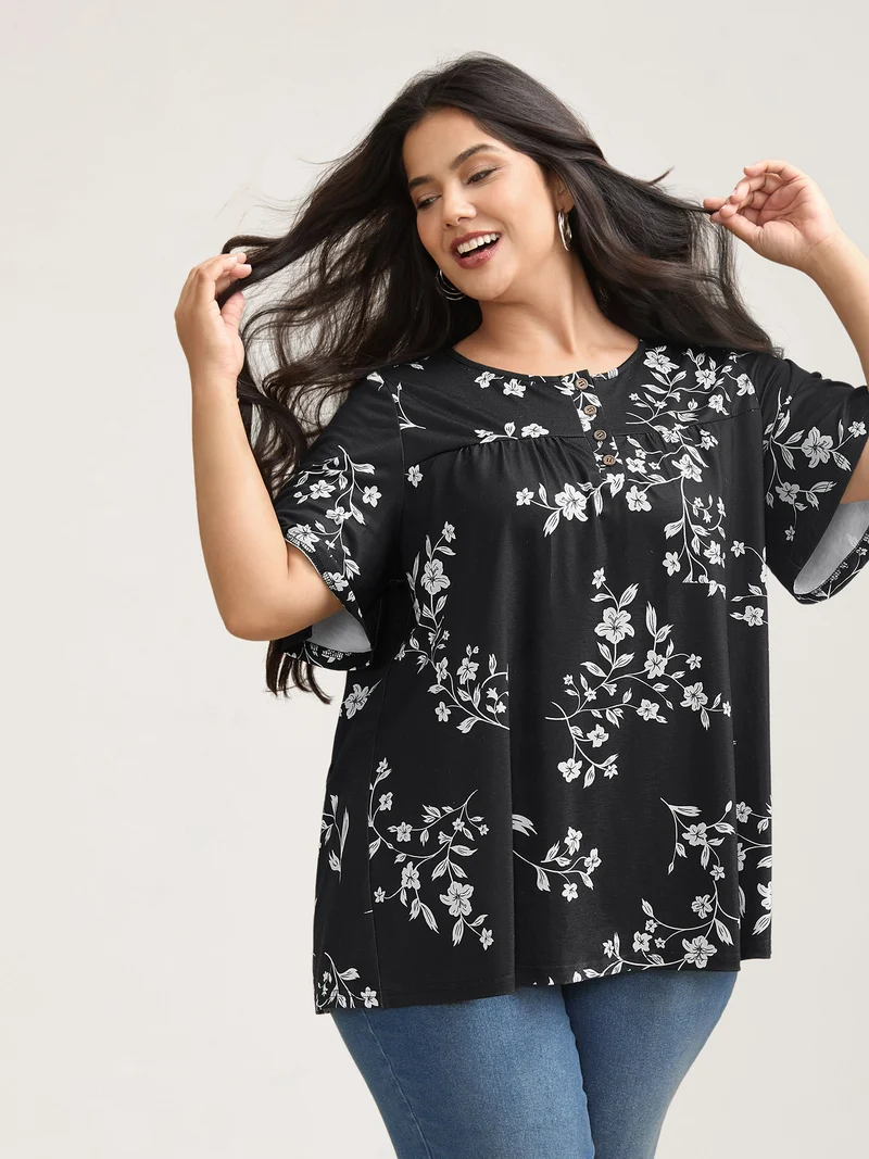 Floral Print Button Placket Pleated T-Shirt