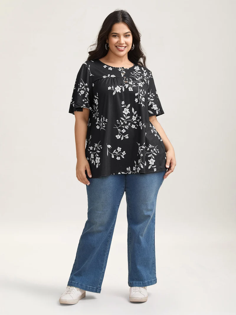 Floral Print Button Placket Pleated T-Shirt