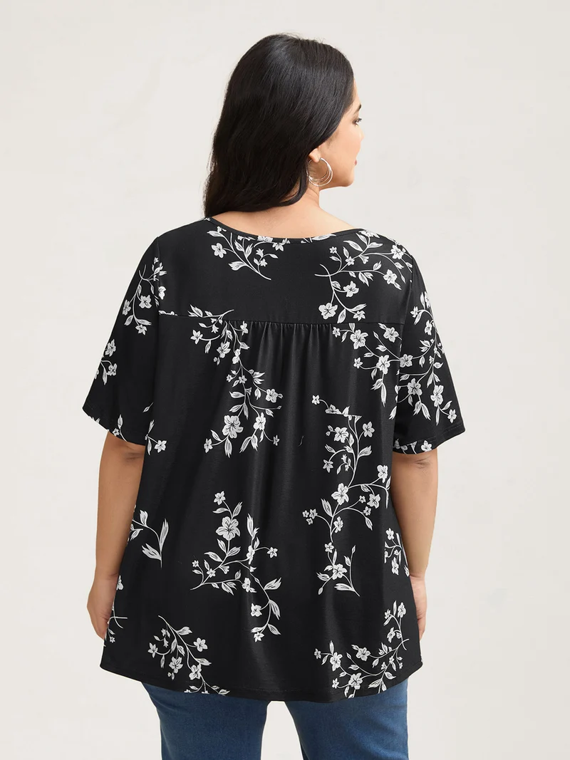 Floral Print Button Placket Pleated T-Shirt