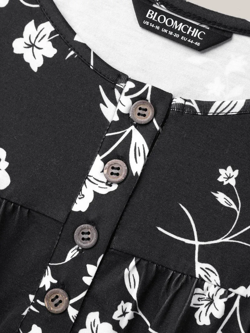 Floral Print Button Placket Pleated T-Shirt
