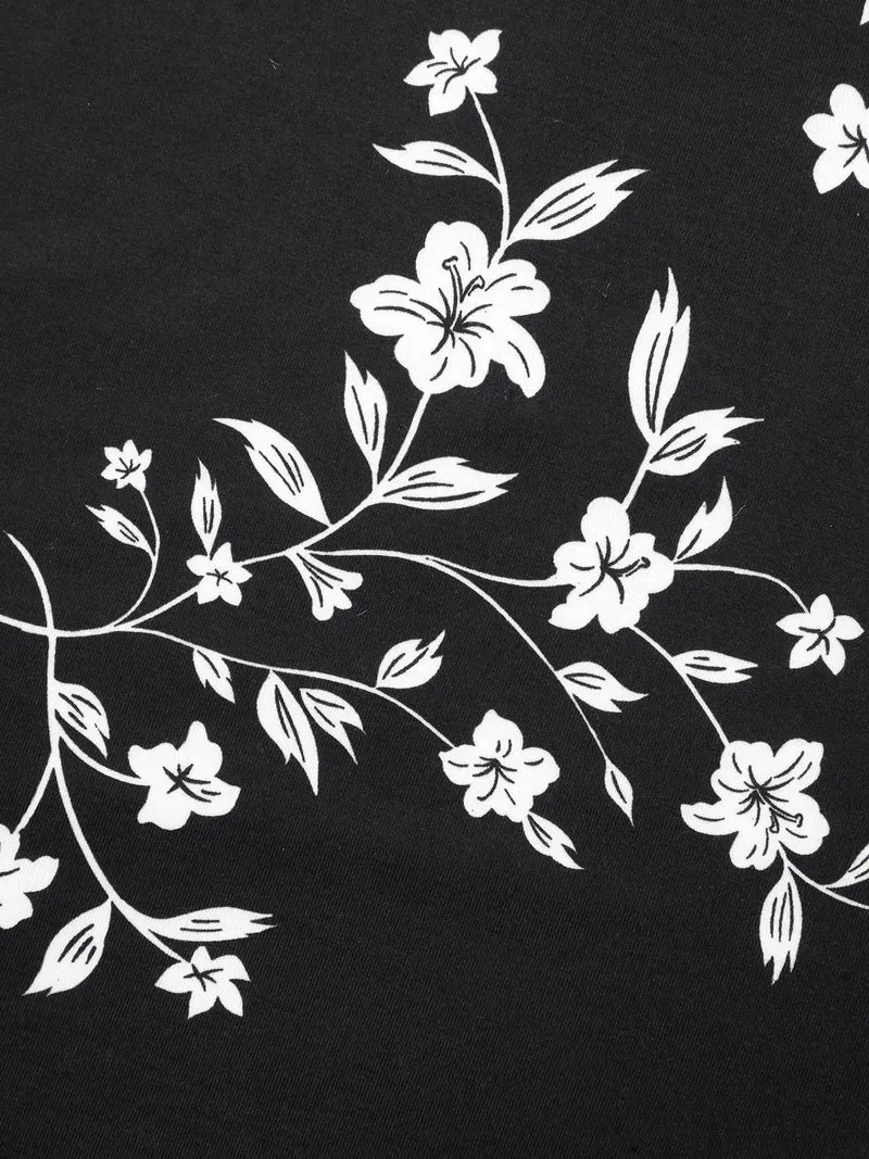 Floral Print Button Placket Pleated T-Shirt