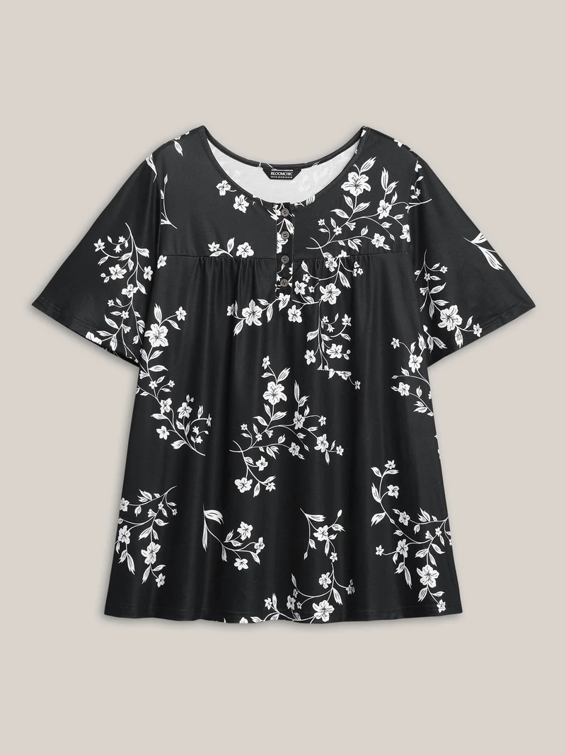 Floral Print Button Placket Pleated T-Shirt